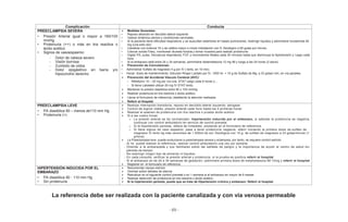 - 69 -
Complicación Conducta
PREECLAMPSIA SEVERA
• Presión Arterial igual o mayor a 160/100
mmHg
• Proteinuria (++) o más en tira reactiva o
ácido acético.
• Signos de vasoespasmo:
- Dolor de cabeza severo
- Visión borrosa
- Zumbido de oídos
- Dolor epigástrico en barra y/o
hipocondrio derecho
Medidas Generales:
• Reposo absoluto en decúbito lateral izquierdo
• Valorar dinámica uterina y condiciones cervicales.
• Si la paciente tiene dificultad respiratoria y se auscultan estertores en bases pulmonares, restringir líquidos y administrar furosemida 40
mg (una sola vez)
• Canalizar con bránula 16 o de calibre mayor e iniciar hidratación con S. fisiológico a 60 gotas por minuto.
• Colocar sonda Foley, monitorear diuresis horaria y tomar muestra para realizar proteinuria.
• Vigilar PA, pulso, frecuencia respiratoria, FCF y movimientos fetales cada 30 minutos hasta que disminuya la hipertensión y luego cada
hora.
• Si el embarazo está entre 24 y 34 semanas, administrar betametasona 12 mg IM y luego a las 24 horas (2 dosis).
Prevención de Convulsiones:
• Administrar Sulfato de magnesio 4 g por IV ( lento, en 10 min).
• Iniciar dosis de mantenimiento: Solución Ringer Lactato por IV, 1000 ml + 10 g de Sulfato de Mg, a 33 gotas/ min, en vía paralela.
Prevención del Accidente Vásculo Cerebral (AVC):
– Nifedipino 10 – 20 mg por vía oral, STAT luego cada 6 horas o...
– Si tiene Labetalol utilizar 20 mg IV STAT lento.
Mantener la presión diastólica entre 90 y 100 mmHg.
Realizar proteinuria en tira reactiva o ácido acético.
Llenar el formulario de referencia, detallando la atención realizada.
Referir al Hospital
PREECLAMPSIA LEVE
• PA diastólica 90 – menos de110 mm Hg
• Proteinuria (+)
Realizar internación transitoria, reposo en decúbito lateral izquierdo, abrigada
Control de signos vitales, presión arterial cada hora hasta las 4 primeras horas
Realizar el examen de proteinuria con tira reactiva o prueba ácido acético
Si a las cuatro horas:
o La presión arterial se ha normalizado: hipertensión inducida por el embarazo, si además la proteinuria es negativa,
continuar con control ambulatorio en servicio de control prenatal.
o Si la hipertensión persiste, refiera de inmediato, anotando en el formulario de referencia.
o Si tiene signos de vaso espasmo, pese a tener proteinuria negativa, referir iniciando la primera dosis de sulfato de
magnesio IV lento 4g más venoclisis de 1.000ml de sol. fisiológica con 10 g. de sulfato de magnesio a 33 gotas/minuto (1
g/hora).
La Preeclampsia leve puede evolucionar a preeclampsia severa y eclampsia; por tanto, se requiere control estricto
- Si no puede realizar la referencia, realizar control ambulatorio una vez por semana
- Orientar a la embarazada y sus familiares sobre las señales de peligro y la importancia de acudir al centro de salud sin
pérdida de tiempo
- No restringir ningún tipo de alimento ni líquidos
- En cada consulta, verificar la presión arterial y proteinuria, si la prueba es positiva referir al hospital
- Si el embarazo es de 24 a 34 semanas de gestación, administre primera dosis de betametasona IM 12mg y referir al hospital
Registrar en el formulario de referencia
HIPERTENSIÓN INDUCIDA POR EL
EMBARAZO
• PA diastólica 90 - 110 mm Hg
• Sin proteinuria
Recomendar reposo estricto
Orientar sobre señales de alarma
Reevaluar en el siguiente control prenatal o en 1 semana si el embarazo es mayor de 8 meses
Realizar detección de proteinuria en tira reactiva o ácido acético
Si la hipertensión persiste, puede que se trate de Hipertensión crónica y embarazo: Referir al hospital
La referencia debe ser realizada con la paciente canalizada y con vía venosa permeable
 