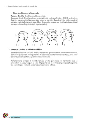 174 AIEPI - Libro Clínico
2 - Evaluar y clasificar al lactante menor de dos meses de edad
◦◦ 	Sigue los objetos en la línea media
Posición del niño: decúbito dorsal (boca arriba).
Colóquese detrás del niño, coloque un pompón rojo encima del rostro a 20 ó 30 centímetros.
Balancee suavemente el pompón para atraer su atención. Cuando el niño esté mirando el
pompón muévalo lentamente para el lado derecho. En caso de que el niño pierda de vista el
pompón, reinicie el movimiento (3 oportunidades).
44 Luego, DETERMINE el Perímetro Cefálico:
Se obtiene colocando una cinta métrica inextensible -precisión 1 mm- alrededor de la cabeza,
de manera que cruce la frente por arriba de los arcos supraciliares (no sobre ellos) y, en la parte
posterior, sobre la parte más prominente del occipucio.
Posteriormente compare la medida tomada con los parámetros de normalidad que se
encuentran en las curvas para la edad del paciente y si es posible compare con cifras previas
del paciente para evaluar la tendencia del crecimiento cefálico.
 