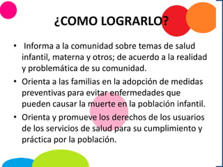¿COMO LOGRARLO?
• Informa a la comunidad sobre temas de salud
infantil, materna y otros; de acuerdo a la realidad
y problemática de su comunidad.
• Orienta a las familias en la adopción de medidas
preventivas para evitar enfermedades que
pueden causar la muerte en la población infantil.
• Orienta y promueve los derechos de los usuarios
de los servicios de salud para su cumplimiento y
práctica por la población.
 