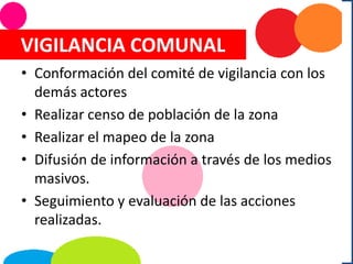 VIGILANCIA COMUNAL
• Conformación del comité de vigilancia con los
demás actores
• Realizar censo de población de la zona
• Realizar el mapeo de la zona
• Difusión de información a través de los medios
masivos.
• Seguimiento y evaluación de las acciones
realizadas.
 