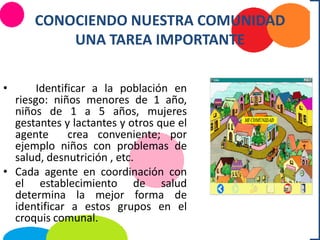 CONOCIENDO NUESTRA COMUNIDAD
UNA TAREA IMPORTANTE
• Identificar a la población en
riesgo: niños menores de 1 año,
niños de 1 a 5 años, mujeres
gestantes y lactantes y otros que el
agente crea conveniente; por
ejemplo niños con problemas de
salud, desnutrición , etc.
• Cada agente en coordinación con
el establecimiento de salud
determina la mejor forma de
identificar a estos grupos en el
croquis comunal.
 