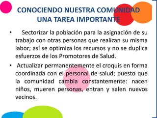 CONOCIENDO NUESTRA COMUNIDAD
UNA TAREA IMPORTANTE
• Sectorizar la población para la asignación de su
trabajo con otras personas que realizan su misma
labor; así se optimiza los recursos y no se duplica
esfuerzos de los Promotores de Salud.
• Actualizar permanentemente el croquis en forma
coordinada con el personal de salud; puesto que
la comunidad cambia constantemente: nacen
niños, mueren personas, entran y salen nuevos
vecinos.
 