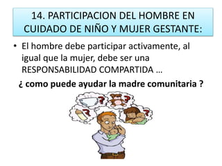 14. PARTICIPACION DEL HOMBRE EN
CUIDADO DE NIÑO Y MUJER GESTANTE:
• El hombre debe participar activamente, al
igual que la mujer, debe ser una
RESPONSABILIDAD COMPARTIDA …
¿ como puede ayudar la madre comunitaria ?
 