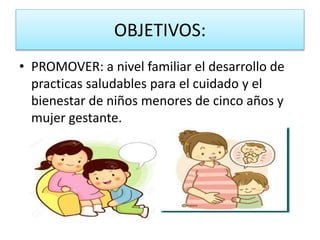 OBJETIVOS:
• PROMOVER: a nivel familiar el desarrollo de
practicas saludables para el cuidado y el
bienestar de niños menores de cinco años y
mujer gestante.
 
