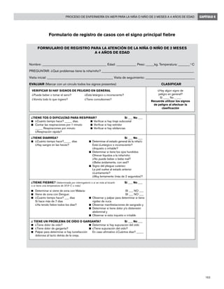 163
Proceso de enfermería en AIEPI para la niña o niño de 2 meses a 4 años de edad CAPÍTULO 6
Formulario de registro de casos con el signo principal fiebre
FORMULARIO DE REGISTRO PARA LA ATENCIÓN DE LA NIÑA O NIÑO DE 2 MESES
A 4 AÑOS DE EDAD
Nombre: _______________________________________ Edad: ____________ Peso: _____kg. Temperatura: _______ o
C 	
PREGUNTAR: ¿Qué problemas tiene la niña/niño? ________________________________________________________
Visita inicial: ________________________________________ Visita de seguimiento: ______________________________
EVALUAR (Marcar con un círculo todos los signos presentes)	 CLASIFICAR
VERIFICAR SI HAY SIGNOS DE PELIGRO EN GENERAL
¿Puede beber o tomar el seno?	 ¿Está letárgico o inconsciente?
¿Vomita todo lo que ingiere?	 ¿Tiene convulsiones?
¿Hay algún signo de
peligro en general?
Si ____ No _ ___
Recuerde utilizar los signos
de peligro al efectuar la
clasificación
¿TIENE TOS O DIFICULTAD PARA RESPIRAR?	Si ___ No ___
n	 ¿Cuánto tiempo hace? _____ días.	 n	 Verificar si hay tiraje subcostal
n	 Contar las respiraciones por 1 minuto	 n	 Verificar si hay estridor
	 _____ Respiraciones por minuto	 n	 Verificar si hay sibilancias
¿Respiración rápida?
¿TIENE DIARREA?	Si ___ No ___
n	 ¿Cuánto tiempo hace?_____ días	 n	 Determinar el estado general de la niña/o:
	 ¿Hay sangre en las heces?		 Está ¿Letárgico o inconsciente? 		
		 ¿Inquieto o irritable?
		 n	 Determinar si tiene los ojos hundidos
		 Ofrecer líquidos a la niña/niño:
		 ¿No puede beber o bebe mal?
		 ¿Bebe ávidamente, con sed?
	 n	 Signo del pliegue cutáneo:	
		 La piel vuelve al estado anterior
		 ¿Lentamente?
		 ¿Muy lentamente (más de 2 segundos)?
¿TIENE FIEBRE? (determinada por interrogatorio o si se nota al tocarlo	Si ___ No ___
o si tiene una temperatura de 37.5o
C o más)
n	 Determinar si viene de zona con Malaria:	 SI ___ NO ___
n	 Viene de zona con Dengue:	 SI ___ NO ___
n	 ¿Cuánto tiempo hace? ___ días	 n	 Observar y palpar para determinar si tiene
Si hace más de 7 días		 rigidez de nuca
	 ¿Ha tenido fiebre todos los días?	 n	 Observar manifestaciones de sangrado y
		 n	 Determinar si tiene dolor y/o distensión
			 abdominal y
		 n	 Observar si esta inquieto e irritable
¿ TIENE UN PROBLEMA DE OÍDO O GARGANTA?	 Si ___ No ___
n	 ¿Tiene dolor de oído?	 n	 Determinar si hay supuración del oído
n	 ¿Tiene dolor de garganta?	 n	 ¿Tiene supuración del oído?
n	 Palpar para determinar si hay tumefacción		 En caso afirmativo ¿Cuántos días? _____
	 dolorosa al tacto detrás de la oreja.
 