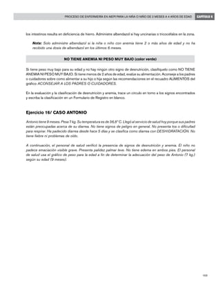 169
Proceso de enfermería en AIEPI para la niña o niño de 2 meses a 4 años de edad CAPÍTULO 6
los intestinos resulta en deficiencia de hierro. Administre albendazol si hay uncinarias o tricocéfalos en la zona.
	 Nota: Solo administre albendazol si la niña o niño con anemia tiene 2 o más años de edad y no ha
recibido una dosis de albendazol en los últimos 6 meses.
NO TIENE ANEMIA NI PESO MUY BAJO (color verde)
Si tiene peso muy bajo para su edad y no hay ningún otro signo de desnutrición, clasifíquelo como NO TIENE
ANEMIA NI PESO MUY BAJO. Si tiene menos de 2 años de edad, evalúe su alimentación. Aconseje a los padres
o cuidadores sobre como alimentar a su hijo o hija según las recomendaciones en el recuadro ALIMENTOS del
gráfico ACONSEJAR A LOS PADRES O CUIDADORES.
En la evaluación y la clasificación de desnutrición y anemia, trace un círculo en torno a los signos encontrados
y escriba la clasificación en un Formulario de Registro en blanco.
Ejercicio 16/ Caso Antonio
Antonio tiene 9 meses. Pesa 7 kg. Su temperatura es de 36,8º C. Llegó al servicio de salud hoy porque sus padres
están preocupadas acerca de su diarrea. No tiene signos de peligro en general. No presenta tos o dificultad
para respirar. Ha padecido diarrea desde hace 5 días y se clasifica como diarrea con DESHIDRATACIÓN. No
tiene fiebre ni problemas de oído.
A continuación, el personal de salud verificó la presencia de signos de desnutrición y anemia. El niño no
padece emaciación visible grave. Presenta palidez palmar leve. No tiene edema en ambos pies. El personal
de salud usa el gráfico de peso para la edad a fin de determinar la adecuación del peso de Antonio (7 kg.)
según su edad (9 meses).
 