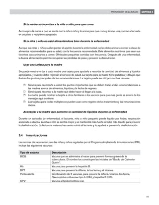 49
Promoción de la salud CAPÍTULO 3
Si la madre no incentiva a la niña o niño para que coma
Aconsejar a la madre a que se siente con la niña o niño y lo anime para que coma y le sirva una porción adecuada
en un plato o recipiente apropiado.
Si la niña o niño no está alimentándose bien durante la enfermedad
Aunque las niñas o niños suelen perder el apetito durante la enfermedad, se les debe animar a comer la clase de
alimentos recomendados para su edad, con la frecuencia recomendada. Dele alimentos nutritivos que sean sus
favoritos para animarlos a comer. Ofrézcales pequeñas comidas con frecuencia. Después de una enfermedad,
la buena alimentación permite recuperar las pérdidas de peso y prevenir la desnutrición.
Usar una tarjeta para la madre
Se puede mostrar o dar a cada madre una tarjeta para ayudarla a recordar la cantidad de alimentos y líquidos
apropiados, y cuándo debe regresar al servicio de salud. La tarjeta para la madre tiene palabras y dibujos que
ilustran los puntos principales de las recomendaciones. La tarjeta puede ser útil por muchas razones:
r	 Servirá para recordarle a usted los puntos importantes que se deben tratar al dar recomendaciones a
las madres acerca de alimentos, líquidos y la fecha de regreso.
r	 Servirá para recordar a la madre qué debe hacer al llegar a la casa.
r	 La madre puede mostrar la tarjeta a otros familiares o los vecinos para que más gente se entere de los
mensajes que contiene.
r	 Las tarjetas para visitas múltiples se pueden usar como registro de los tratamientos y las inmunizaciones
dados.
Aconsejar a la madre que aumente la cantidad de líquidos durante la enfermedad
Durante un episodio de enfermedad, el lactante, niña o niño pequeño pierde líquido por fiebre, respiración
acelerada o diarrea. La niña o niño se sentirá mejor y se mantendrá más fuerte si bebe más líquido para prevenir
la deshidratación. La lactancia materna frecuente nutrirá al lactante y lo ayudará a prevenir la deshidratación.
3.4	 Inmunizaciones
Las normas de vacunación para las niñas y niños reguladas por el Programa Ampliado de Inmunizaciones (PAI),
incluye las siguientes vacunas:
Tipo de vacuna Descripción
BCG Vacuna que se administra al nacer para prevenir formas graves de la
tuberculosis. El nombre los constituyen las iniciales de “Bacilo de Calmette-
Guérin”.
Hb Vacuna para prevenir la hepatitis B.
DPT Vacuna para prevenir la difteria, la tos ferina y el tétanos.
Pentavalente Combinación de 5 vacunas, para prevenir la difteria, tétanos, tos ferina,
Haemophilus influenzae tipo b (HIb) y hepatitis B (HB).
OPV Vacuna antipoliomielítica oral.
 