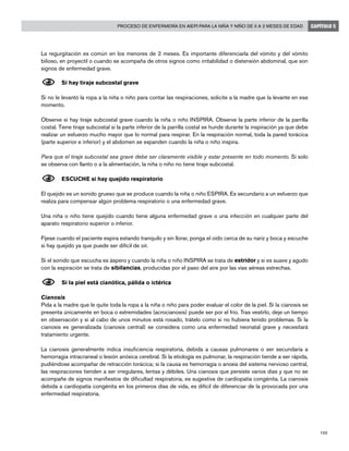 105
Proceso de enfermería en AIEPI para la niña y niño de 0 a 2 meses de edad CAPÍTULO 5
La regurgitación es común en los menores de 2 meses. Es importante diferenciarla del vómito y del vómito
bilioso, en proyectil o cuando se acompaña de otros signos como irritabilidad o distensión abdominal, que son
signos de enfermedad grave.
N	Si hay tiraje subcostal grave
Si no le levantó la ropa a la niña o niño para contar las respiraciones, solicite a la madre que la levante en ese
momento.
Observe si hay tiraje subcostal grave cuando la niña o niño INSPIRA. Observe la parte inferior de la parrilla
costal. Tiene tiraje subcostal si la parte inferior de la parrilla costal se hunde durante la inspiración ya que debe
realizar un esfuerzo mucho mayor que lo normal para respirar. En la respiración normal, toda la pared torácica
(parte superior e inferior) y el abdomen se expanden cuando la niña o niño inspira.
Para que el tiraje subcostal sea grave debe ser claramente visible y estar presente en todo momento. Si solo
se observa con llanto o a la alimentación, la niña o niño no tiene tiraje subcostal.
N	ESCUCHE si hay quejido respiratorio
El quejido es un sonido grueso que se produce cuando la niña o niño ESPIRA. Es secundario a un esfuerzo que
realiza para compensar algún problema respiratorio o una enfermedad grave.
Una niña o niño tiene quejido cuando tiene alguna enfermedad grave o una infección en cualquier parte del
aparato respiratorio superior o inferior.
Fíjese cuando el paciente espira estando tranquilo y sin llorar, ponga el oído cerca de su nariz y boca y escuche
si hay quejido ya que puede ser difícil de oír.
Si el sonido que escucha es áspero y cuando la niña o niño INSPIRA se trata de estridor y si es suave y agudo
con la espiración se trata de sibilancias, producidas por el paso del aire por las vías aéreas estrechas.
N	Si la piel está cianótica, pálida o ictérica
Cianosis
Pida a la madre que le quite toda la ropa a la niña o niño para poder evaluar el color de la piel. Si la cianosis se
presenta únicamente en boca o extremidades (acrocianosis) puede ser por el frío. Tras vestirlo, deje un tiempo
en observación y si al cabo de unos minutos está rosado, trátelo como si no hubiera tenido problemas. Si la
cianosis es generalizada (cianosis central) se considera como una enfermedad neonatal grave y necesitará
tratamiento urgente.
La cianosis generalmente indica insuficiencia respiratoria, debida a causas pulmonares o ser secundaria a
hemorragia intracraneal o lesión anóxica cerebral. Si la etiología es pulmonar, la respiración tiende a ser rápida,
pudiéndose acompañar de retracción torácica; si la causa es hemorragia o anoxia del sistema nervioso central,
las respiraciones tienden a ser irregulares, lentas y débiles. Una cianosis que persiste varios días y que no se
acompañe de signos manifiestos de dificultad respiratoria, es sugestiva de cardiopatía congénita. La cianosis
debida a cardiopatía congénita en los primeros días de vida, es difícil de diferenciar de la provocada por una
enfermedad respiratoria.
	
 