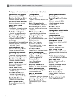 Manual Clínico para el Aprendizaje de AIEPI en Enfermería
8
Nancy Ivonne Arce Morantes
Enfermera Asistencial-INSN
Celia Bernice Maúrtua Galván
Enfermera Docente, Ayacucho
Rosalinda Ramirez Montaldo
Enfermera Docente, Huánuco
Sandra María Pineda
Rodríguez
Coordinadora Carrera Enfermería
Universidad Nacional-Honduras
Rutilia Herrera Acajabón
Directora, Escuela Nacional de
Enfermeras-USAC. Guatemala
Rosa Violeta Celis Esqueche
Enfermera Docente-UNPRG,
Lambayeque
Yolanda Gladis Santos Villegas
Enfermera Docente, Universidad
Nacional de Ucayali
Socorro Velásquez Ríos
Enfermera Metodóloga-MINSA
Central, Managua-Nicaragua
Josefina Heredia Mercedes
Enfermera Docente
Universidad Autónoma de Santo
Domingo, República Dominicana
Domitila Canchari Candela
Enfermera Docente-UNMSM
Violeta Salazar Briones
Enfermera Docente, Universidad
Nacional de Cajamarca
Violeta Rupay Aguilar
Jefe de Departamento Docente-
UNCP, Huancayo
Mabel Elizabeth Guevara
Henriquez-Coordinador Niño,
Universidad Nacional de Trujillo
Olga Guillén Cabrera
Docente Directora-Ecuador
María Lourdes Carrasco
Directora Escuela Nacional de
Salud, Bolivia
Lourdes Carrera
Decana Docente- Ecuador
Luisa Condori
Docente, Universidad Nacional San
Martín
Sonia Velásquez Rondón
Presidenta ASPEFEEN, Arequipa
Elizabeth Mery Cuba Ambia
Jefe Dpto. Obstetricia Enfermería,
UAC-Cusco
Gilda Lucy Loayza Rojas
Decana Facultad de Enfermería-
UTEA, Apurímac-Abancay
Gloria García Quintero
ACOFAEN-Universidad de Caldas,
Caldas, Colombia
Vilma Pérez Saavedra
Vicedecana Facultad de
Enfermería-Universidad Peruana
Cayetano Heredia, Lima
Nanette Ique Ríos
Equipo Técnico Vida Sana-MINSA
Mérida Gómez Vergaray
Equipo Técnico Vida Sana-MINSA
Verónica Behn Theune
Docente-Universidad de
Concepción, Chile
Juana Molina Salas
MINSA-DOCENIC
Benjamina Ortiz Espinar
Docente-FEN UNH, Huancavelica
Melitta Cosme Mendoza
Miembro Directorio Colegio de
Enfermeras-Perú, CEP
María de la O’Ramallo
Verissimo
Coordinadora Pregrado Enfermería-
Universidad de Sao Paulo, Brasil
Salomé González Basilio
Enf. Asistencial Cirugía Estética-
IESN
Mery Juana Abastos Abarca
Docente, Callao
Carolina Magdalena Mendieta
Corzo
Enfermera Asistencial-IESN
Hilda Lita Marcos Santos
Docente-UNFV
Rosa Pilco Vargas
Docente-UNA, Puno
Gladis Espezúa Montes de Oca
Jefe del Departamento de
Enfermería-Cusco
Zoila Cotrina Díaz
Sec. Gral. Sindicato-MINSA,
Hospital María Auxiliadora
Reyna Aranda Guillén
Equipo Técnico AIS Niño, MINSA-
DGSP
Amelia García García
Enfermera Asistencial-INSN
Silvia Salazar Vilches
Enfermera en Salud Comunitaria
Integral-Universidad San Martín de
Porras
Patricia Escalante Noriega
DEPC, MINSA-DGSP, Argentina
Alicia Reyes Vidal
Docente-Universidad de Chile,
ALADEFE, Chile
Gertrudis Escajadillo Quispe
IDREH-DGIA, MINSA
Nora Jacquier
Docente-UNAM, Argentina
Rocío Chavez Álvarez
Docente Maestría Enfermería-
UNMSM
Dr. Rolando Cerezo Mullet
FCH/CH Washington, DC
Participaron en la validación de este manual en el taller de Lima, Perú:
 