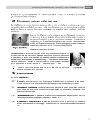 107
Proceso de enfermería en AIEPI para la niña y niño de 0 a 2 meses de edad CAPÍTULO 5
Si las pústulas son pocas y localizadas la niña o niño puede ser tratado en su casa con un antibiótico recomendado
y la aplicación de un tratamiento local.
N	Si tiene secreción purulenta de ombligo, ojos u oídos
La onfalitis es una infección bacteriana aguda que rodea el anillo umbilical y se caracteriza por presentar
signos de enrojecimiento alrededor del muñon y tejido periumbilical, con o sin secreción purulenta. La onfalitis
puede ser el punto de origen de diseminación hematógena o por contacto al hígado o peritoneo y finalmente
septicemia.
Examine el ombligo con mucho cuidado ya que la onfalitis puede iniciarse con
enrojecimiento de la piel alrededor del mismo. Si el ombligo está eritematoso o
tiene secreción purulenta es que la infección tiene varios días y el riesgo de una
septicemia es muy elevado. Los microorganismos que con mayor frecuencia causan
onfalitis son: Staphylococcus aureus, Streptococcus pyogenes y gérmenes gram
negativos como Escherichia coli, Proteus mirabilis y Klebsiella.
¿Hay secreción purulenta de ojos?
La conjuntivitis, es la infección de uno o ambos ojos, generalmente con secreción
purulenta debida a una infección por Neisseria gonorrhoeae, Chlamydia trachomatis
y Staphylococcus aureus o secundaria al uso de nitrato de plata. El comienzo de la
inflamación por el uso de nitrato de plata es entre 6 y 12 horas después del nacimiento,
cediendo los síntomas a las 24 a 48 horas. El período de incubación de la conjuntivitis
por N. gonorrhoeae es de 2 a 5 días y el de C. trachomatis de 5 a 14 días.
	 Cuando la conjuntivitis aparece más allá de las 48 horas de vida debe
pensarse siempre en causa infecciosa.
N	Si tiene convulsiones
Por último, DETERMINE:
F	El peso, los recién nacidos con peso al nacer menor de 2,000 gramos se consideran de alto riesgo 		
	 y deben clasificarse como enfermedad neonatal grave y deben ser manejados en un hospital.
F	La frecuencia respiratoria, frecuencias respiratorias por arriba de 60 por minuto o por debajo de
30 por minuto son signo de mal pronóstico en el recién nacido, por lo que deben considerarse como
enfermedad neonatal grave.
F	La temperatura axiliar, la mayoría de recién nacidos con enfermedad neonatal grave o infección
bacteriana grave presentan hipotermia (temperatura menor a 36.0º C).
F	Si tiene placas blanquecinas en la boca, las placas blanquecinas en la boca del niño o niña son
debidas generalmente a una infección por Candida albicans y se conoce como candidiasis o moniliasis
oral.
Signos de onfalitis
Conjuntivitis
 