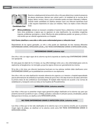 108
Manual Clínico para el Aprendizaje de AIEPI en EnfermeríaUNIDAD II
Examine cuidadosamente la boca de la niña o niño para determinar si existe la presencia
de placas escamosas, blancas que cubren parte o la totalidad de la mucosa de la
lengua, labios, encías y boca y que al retirarlas queda una base inflamada y brillante.
Cuando existe candidiasis se clasifica siempre como una infección bacteriana local
y sólo requiere tratamiento en casa con nistatina. Trate a la madre si tiene infección
local.
F	Otros problemas, siempre es necesario completar el examen físico y determinar si el recién nacido
tiene otros problemas o signos que no aparecen en esta clasificación, (ej. anomalías congénitas
mayores, problemas quirúrgicos u otros). Muchos de estos problemas pueden ser graves y el niño o
niña tendrá que ser referido urgentemente a un hospital.
5.5.2 Como clasificar a una niña o niño como enfermedad grave o infección local
Dependiendo de los signos generales, un niño o niña puede ser clasificado de tres maneras diferentes
ENFERMEDAD GRAVE, INFECCIÓN LOCAL y NO TIENE ENFERMEDAD GRAVE O INFECCIÓN LOCAL.
ENFERMEDAD GRAVE (columna roja)
Una niña o niño con algún signo de la columna roja de la izquierda se clasifica bajo ENFERMEDAD GRAVE
(ver ejemplo 8).
En este grupo de edad de 0 a 2 meses, es muy difícil distinguir entre una u otra enfermedad grave como la
septicemia, la hipoglicemia o la meningitis, ya que los signos clínicos son generalmente los mismos.
Si la niña o niño tiene una infección bacteriana local pero es muy extensa, también debe clasificarse como
ENFERMEDAD GRAVE por la posibilidad de convertirse en una septicemia.
Una niña o niño con esta clasificación necesita referencia de urgencia a un intensivo u hospital especializado
para la administración de antibióticos inyectados. Antes de que la niña o niño deje el servicio de salud, administre
la primera dosis de dos antibióticos recomendados. El traslado debe hacerse de acuerdo a las normas de
estabilización y transporte como se indica en los Cuadros de Procedimientos.
INFECCIÓN LOCAL (columna amarilla)
Las niñas o niños que no presentan ningún signo general de peligro clasificado en la columna roja, pero que
presenta secreción purulenta en ojos u ombligo, pústulas o vesículas en piel pero pocas y localizadas y placas
blanquecinas en la boca, se clasifica como INFECCIÓN LOCAL.
NO TIENE ENFERMEDAD GRAVE O INFECCIÓN LOCAL (columna verde)
Los niños o niñas que no han sido clasificados en la columna roja o en la columna amarilla, por no presentar
ningún signo de peligro, se clasifican en la columna verde como NO TIENE ENFERMEDAD GRAVE O
INFECCIÓN LOCAL.
Candidiasis Oral
 