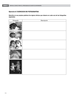 110
Manual Clínico para el Aprendizaje de AIEPI en EnfermeríaUNIDAD II
Ejercicio 6/ Ejercicio de fotografías
Describa en sus propias palabras los signos clínicos que observa en cada una de las fotografías
siguientes:
Fotografía Descripción
 