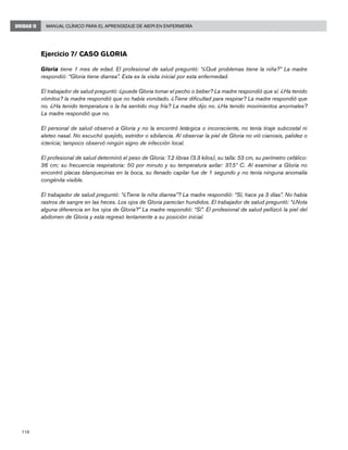 116
Manual Clínico para el Aprendizaje de AIEPI en EnfermeríaUNIDAD II
Ejercicio 7/ Caso Gloria
Gloria tiene 1 mes de edad. El profesional de salud preguntó: “¿Qué problemas tiene la niña?” La madre
respondió: “Gloria tiene diarrea”. Esta es la visita inicial por esta enfermedad.
El trabajador de salud preguntó: ¿puede Gloria tomar el pecho o beber? La madre respondió que sí. ¿Ha tenido
vómitos? la madre respondió que no había vomitado. ¿Tiene dificultad para respirar? La madre respondió que
no. ¿Ha tenido temperatura o la ha sentido muy fría? La madre dijo no. ¿Ha tenido movimientos anormales?
La madre respondió que no.
El personal de salud observó a Gloria y no la encontró letárgica o inconsciente, no tenía tiraje subcostal ni
aleteo nasal. No escuchó quejido, estridor o sibilancia. Al observar la piel de Gloria no vió cianosis, palidez o
ictericia; tampoco observó ningún signo de infección local.
El profesional de salud determinó el peso de Gloria: 7.2 libras (3.3 kilos), su talla: 53 cm, su perímetro cefálico:
36 cm; su frecuencia respiratoria: 50 por minuto y su temperatura axilar: 37.5º C. Al examinar a Gloria no
encontró placas blanquecinas en la boca, su llenado capilar fue de 1 segundo y no tenía ninguna anomalía
congénita visible.
El trabajador de salud preguntó: “¿Tiene la niña diarrea”? La madre respondió: “Sí, hace ya 3 días”. No había
rastros de sangre en las heces. Los ojos de Gloria parecían hundidos. El trabajador de salud preguntó: “¿Nota
alguna diferencia en los ojos de Gloria?” La madre respondió: “Sí”. El profesional de salud pellizcó la piel del
abdomen de Gloria y esta regresó lentamente a su posición inicial.
 