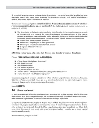 119
Proceso de enfermería en AIEPI para la niña y niño de 0 a 2 meses de edad CAPÍTULO 5
Si no recibió lactancia materna exclusiva desde el nacimiento y no recibe la cantidad y calidad de leche
adecuadas para su edad o está siendo alimentado únicamente con líquidos y otras bebidas, puede llegar a
padecer desnutrición severa o problemas de nutrición.
Un menor de 2 meses cuyo régimen alimentario carece de las cantidades recomendadas de vitaminas
y minerales esenciales (como las que contiene la leche materna), puede padecer posteriormente un
problema de nutrición.
o	 Una alimentación sin lactancia materna exclusiva o con fórmulas sin hierro puede ocasionar carencia
de hierro y anemia en el menor de dos meses. Los niveles de hierro excretados por la leche materna
parecen ser suficientes para mantener los niveles adecuados de hierro en el recién nacido de término
durante los primeros seis meses de vida. También se pueden contraer anemia como resultado de:
n 	 Anemia de la madre durante la gestación
n 	 Prematurez o pequeño para su edad gestacional
n 	 Hemorragias por deficiencia de vitamina K al nacer
n 	 Sangrado del cordón umbilical
n 	 Infecciones
5.7.1 Cómo evaluar a una niña o niño < de 2 meses para detectar problemas de nutrición
Primero, PREGUNTE ACERCA DE LA ALIMENTACIÓN
o	 ¿Tiene alguna dificultad para alimentarse?
o	 ¿Ha dejado de comer?
o	 Si sí, ¿Desde cuando?
o	 ¿Se alimenta al pecho?
o	 Si sí, ¿Cuántas veces por día?
o	 ¿Recibe la niña o niño otros alimentos? ¿Cuáles y con qué frecuencia?
o	 ¿Toma otra leche? ¿Cuál? ¿Cómo la prepara?
Todas estas preguntas le ayudarán a decidir si el niño o niña tiene un problema de alimentación. Recuerde,
todo niño o niña sano, menor de 2 meses que no se alimente exclusivamente con leche materna, por lo menos
8 veces de día y de noche, tiene un problema de alimentación.
Luego OBSERVE:
N	El peso para la edad
La pérdida de peso de la niña o niño durante su primera semana de vida no debe ser mayor del 10% de su peso
al nacimiento. Si ha tenido una pérdida mayor del 10% se considera como un problema severo de nutrición y
debe ser referido urgentemente a un hospital para una evaluación por especialista.
En aquellos que no han tenido una pérdida de peso mayor del 10% del peso al nacimiento durante la primera
semana de vida, su peso para la edad se compara en las curvas de crecimiento postnatal, con el peso de otras
niñas o niños de la misma edad. Deberá identificar a aquellos cuyo peso para la edad está por debajo de la
curva inferior del gráfico de peso para la edad ya que tienen peso muy bajo y necesitan que se preste especial
atención a su alimentación.
Para determinar el peso para la edad:
 