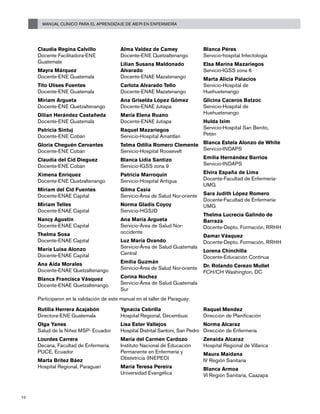Manual Clínico para el Aprendizaje de AIEPI en Enfermería
10
Claudia Regina Calvillo
Docente Facilitadora-ENE
Guatemala
Mayra Márquez
Docente-ENE Guatemala
Tito Ulises Fuentes
Docente-ENE Guatemala
Miriam Argueta
Docente-ENE Quetzaltenango
Dilian Herández Castañeda
Docente-ENE Guatemala
Patricia Sintuj
Docente-ENE Cobán
Gloria Cheguén Cervantes
Docente-ENE Cobán
Claudia del Cid Dieguez
Docente-ENE Cobán
Ximena Enriquez
Docente-ENE Quetzaltenango
Miriam del Cid Fuentes
Docente-ENAE Capital
Miriam Telles
Docente-ENAE Capital
Nancy Agustín
Docente-ENAE Capital
Thelma Sosa
Docente-ENAE Capital
María Luisa Alonzo
Docente-ENAE Capital
Ana Aída Morales
Docente-ENAE Quetzaltenango
Blanca Francisca Vásquez
Docente-ENAE Quetzaltenango
Alma Valdez de Camey
Docente-ENE Quetzaltenango
Lilian Susana Maldonado
Alvarado
Docente-ENAE Mazatenango
Carlota Alvarado Tello
Docente-ENAE Mazatenango
Ana Griselda López Gómez
Docente-ENAE Jutiapa
María Elena Ruano
Docente-ENAE Jutiapa
Raquel Mazariegos
Servicio-Hospital Amatitlan
Telma Odilia Romero Clemente
Servicio-Hospital Roosevelt
Blanca Lidia Santizo
Servicio-IGSS zona 9
Patricia Marroquín
Servicio-Hospital Antigua
Gilma Casia
Servicio-Área de Salud Nor-oriente
Norma Gladis Coyoy
Servicio-HGSJD	
Ana María Argueta
Servicio-Área de Salud Nor-
occidente
Luz María Ovando
Servicio-Área de Salud Guatemala
Central
Emilia Guzmán
Servicio-Área de Salud Nor-oriente
Corina Nochez
Servicio-Área de Salud Guatemala
Sur
Blanca Péres
Servicio-hospital Infectología
Elsa Marina Mazariegos
Servicio-IGSS zona 6
Marta Alicia Palacios
Servicio-Hospital de
Huehuetenango
Glicina Caceros Batzoc
Servicio-Hospital de
Huehuetenango
Hulda Ixim
Servicio-Hospital San Benito,
Petén
Blanca Estela Alonzo de White
Servicio-INDAPS
Emilia Hernández Barrios
Servicio-INDAPS
Elvira España de Lima
Docente-Facultad de Enfermería-
UMG
Sara Judith López Romero
Docente-Facultad de Enfermería-
UMG
Thelma Lucrecia Galindo de
Barraza
Docente-Depto. Formación, RRHH
Damar Vásquez
Docente-Depto. Formación, RRHH
Lorena Chinchilla
Docente-Educación Contínua
Dr. Rolando Cerezo Mullet
FCH/CH Washington, DC
Participaron en la validación de este manual en el taller de Paraguay:
Rutilia Herrera Acajabón
Directora-ENE Guatemala
Olga Yanes
Salud de la Niñez MSP- Ecuador
Lourdes Carrera
Decana, Facultad de Enfermería.
PUCE, Ecuador
Marta Britez Báez
Hospital Regional, Paraguari
Ygnacia Cebrilla
Hospital Regional, Decembusi
Lisa Ester Vallejos
Hospital Distrital Santoni, San Pedro
María del Carmen Cardozo
Instituto Nacional de Educación
Permanente en Enfermería y
Obstetricia (INEPEO)
Maria Teresa Pereira
Universidad Evangélica
Raquel Mendez
Dirección de Planificación
Norma Alcaraz
Dirección de Enfermería
Zenaida Alcaraz
Hospital Regional de Villarica
Maura Maidana
IV Región Sanitaria
Blanca Armoa
VI Región Sanitaria, Caazapa
 