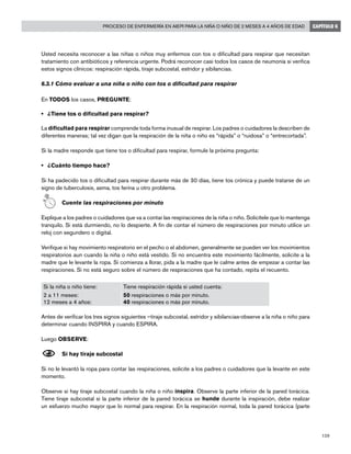 139
Proceso de enfermería en AIEPI para la niña o niño de 2 meses a 4 años de edad CAPÍTULO 6
Usted necesita reconocer a las niñas o niños muy enfermos con tos o dificultad para respirar que necesitan
tratamiento con antibióticos y referencia urgente. Podrá reconocer casi todos los casos de neumonía si verifica
estos signos clínicos: respiración rápida, tiraje subcostal, estridor y sibilancias.
6.3.1 Cómo evaluar a una niña o niño con tos o dificultad para respirar
En TODOS los casos, PREGUNTE:
• 	 ¿Tiene tos o dificultad para respirar?
La dificultad para respirar comprende toda forma inusual de respirar. Los padres o cuidadores la describen de
diferentes maneras; tal vez digan que la respiración de la niña o niño es “rápida” o “ruidosa” o “entrecortada”.
Si la madre responde que tiene tos o dificultad para respirar, formule la próxima pregunta:
• 	 ¿Cuánto tiempo hace?
Si ha padecido tos o dificultad para respirar durante más de 30 días, tiene tos crónica y puede tratarse de un
signo de tuberculosis, asma, tos ferina u otro problema.
	 Cuente las respiraciones por minuto
Explique a los padres o cuidadores que va a contar las respiraciones de la niña o niño. Solicítele que lo mantenga
tranquilo. Si está durmiendo, no lo despierte. A fin de contar el número de respiraciones por minuto utilice un
reloj con segundero o digital.
Verifique si hay movimiento respiratorio en el pecho o el abdomen, generalmente se pueden ver los movimientos
respiratorios aun cuando la niña o niño está vestido. Si no encuentra este movimiento fácilmente, solicite a la
madre que le levante la ropa. Si comienza a llorar, pida a la madre que le calme antes de empezar a contar las
respiraciones. Si no está seguro sobre el número de respiraciones que ha contado, repita el recuento.
Si la niña o niño tiene: Tiene respiración rápida si usted cuenta:
2 a 11 meses:
12 meses a 4 años:
50 respiraciones o más por minuto.
40 respiraciones o más por minuto.
Antes de verificar los tres signos siguientes —tiraje subcostal, estridor y sibilancias-observe a la niña o niño para
determinar cuando INSPIRA y cuando ESPIRA.
Luego OBSERVE:
N	Si hay tiraje subcostal
Si no le levantó la ropa para contar las respiraciones, solicite a los padres o cuidadores que la levante en este
momento.
Observe si hay tiraje subcostal cuando la niña o niño inspira. Observe la parte inferior de la pared torácica.
Tiene tiraje subcostal si la parte inferior de la pared torácica se hunde durante la inspiración, debe realizar
un esfuerzo mucho mayor que lo normal para respirar. En la respiración normal, toda la pared torácica (parte
 