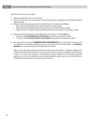 166
Manual Clínico para el Aprendizaje de AIEPI en EnfermeríaUNIDAD II
Para determinar el peso para la edad:
Calcular la edad de la niña o niño en meses.1.	
Pesar a la niña o niño si aun no se pesó en esta visita. Para ello use una balanza precisa. Al pesarle, deberá2.	
estar desvestido.
Utilizar el cuadro de peso para la edad en la determinación de la adecuación del peso.3.	
Mirar el eje vertical del gráfico para ubicar la línea que muestra el peso.•	
Mirar el eje horizontal del gráfico para ubicar la línea que muestra la edad en meses.•	
Buscar el punto en el gráfico donde la línea para el peso se encuentra con la línea para su edad.•	
Determinar si el punto está encima, por debajo de la curva inferior o coincide4.	 con ella.
Si el punto está•	 por debajo de la curva inferior, el peso es muy bajo para la edad.
Si el punto está•	 en la curva inferior o por encima, el peso no es muy bajo para la edad.
Con estos datos de calcula la5.	 TENDENCIA DEL CRECIMIENTO que se manifiesta en la línea que une
las mediciones secuenciales anotadas en la curva. La tendencia del crecimiento debe ir en ascenso y
paralela a las curvas de referencia de la Gráfica de Crecimiento.
	 Utilice el carné de salud y explique la tendencia del crecimiento a los padres o cuidadores empleando los
cuadros de la esquina inferior derecha, en los que si la curva está en ascenso y paralela a las de referencia,
la niña o niño crecen bien. Cuando la curva empieza a ponerse horizontal o es francamente horizontal,
significa que no crece bien. Cuando la curva se dirige hacia abajo, significa que no crece bien debido a un
problema de mayor gravedad o de mayor tiempo de duración.
 