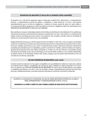 181
Proceso de enfermería en AIEPI para la niña o niño de 2 meses a 4 años de edad CAPÍTULO 6
SOSPECHA DE MALTRATO O FALLA EN LA CRIANZA (color amarillo)
Si presenta uno o más de los siguientes signos: inadecuado cuidado físico, desnutrición, o comportamiento
anormal, o comportamiento anormal de padres o cuidadores, o existe denuncia o el niño o niña expresa
espontáneamente que es víctima de negligencia, o tardanza en buscar ayuda de salud, sin razón válida, o
circunstancias familiares riesgosas es víctima de maltrato emocional o negligencia, deben ser clasificados como
SOSPECHA DE MALTRATO O FALLA EN LA CRIANZA.
Esta clasificación requiere el abordaje empático de la familia y la identificación del maltratante. Si es posible que
el personal de salud que está haciendo la evaluación y clasificación a la niña o niño refieran a un profesional de
trabajo social y/o psicóloga para que realicen una evaluación más completa y decidan sobre la necesidad de
referirlo a la red de protección de la niña y niño maltratado.
Independientemente de que se confirme posteriormente el maltrato en esta niña o niño, los signos encontrados
durante la consulta hacen necesario que el personal de salud refuerce comportamientos positivos de buen trato;
promueva medidas preventivas ya que ciertos comportamientos pueden representar prácticas culturalmente
aceptadas para disciplinar pero no deseables y pueden convertirse en maltrato, además fortalezca el respeto y
garantía de los derechos de la niñez. Debe controlarse en 14 días con el fin de confirmar si fue posible y asistió
a la valoración de trabajo social o de una psicóloga y en el caso de haber asistido a una o a ambas profesionales
se deberá reforzar lo recomendado durante esas visitas y asegurar que los padres están llevando al niño a la
consulta de crecimiento y desarrollo.
NO HAY SOSPECHA DE MALTRATO (color verde)
Cuando durante la evaluación no hay signos compatibles con la posibilidad de maltrato y/o descuido, además
se evidencia buena higiene, cumplimiento de normas de salud, vitalidad y/o alegría presentes en la niña o
niño, se clasifica como NO HAY SOSPECHA DE MALTRATO. En estos casos se debe felicitar a los padres
o cuidadores que llevaron a la niña o niño a la consulta y reforzar comportamientos positivos de buen trato,
promover medidas preventivas y recordar la próxima visita para el control de crecimiento y desarrollo.
DURANTE LA CONSULTA EL PERSONAL DE SALUD, DEBE MOSTRAR INTERÉS EN LA NIÑA O
NIÑO, DIRIGIÉNDOSE Y COMUNICÁNDOSE CON EL O ELLA.
IGNORAR A LA NIÑA O NIÑO ES UNA FORMA COMÚN DE MALTRATO INSTITUCIONAL
 