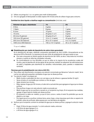 194
Manual Clínico para el Aprendizaje de AIEPI en EnfermeríaUNIDAD III
o	 Utilizar una jeringa de 1 cc o un gotero para medir el blanqueador.
o	 Una vez agregado el blanqueador se debe esperar 30 minutos antes de utilizar el agua para consumo.
Cantidad de cloro líquido a dosificar según su concentración (OPS/OMS, 2006)
Volumen de agua a desinfectar 1% 5%
2 litros 4 gotas ---
1 Galón 8 gotas 1 gotas
5 Litros 10 gotas 2 gotas
10 Litros 20 gotas (1 cc*) 4 gotas
20 Litros (5 galones) 40 gotas (2 cc*) 8 gotas
100 Litros (25 galones) 10 cc (1 ¼ tapita) 40 gotas (2 cc*)
200 Litros (50 Galones) 20 cc (2 ½ tapias) 4 cc (1.2 tapita)
1000 Litros (250 Galones) 100 cc (12 ½ tapitas) 20 cc (2 ½ tapitas)
*1 cc = 1 mililitro)
Æ	Potabilización por medio de hipoclorito de calcio (cloro granulado)
	 Es la desinfección del agua, utilizando compuestos granulados de cloro al 65%. Universalmente se les
denomina HTH a Percloran. La importancia de este modo de potabilización del agua reside en que:
n	 Con este compuesto se obtiene grados de desinfección del 100%, es decir, mata todos los microbios
siempre y cuando se utilice las cantidades indicadas.
n	 Su comercialización es muy difundida, ya que se utiliza en la mayoría de los acueductos rurales del
mundo y para la desinfección de las aguas de las piscinas; también los adquieren las administraciones
de salud y hospitales para desinfectar los utensilios, instrumentales, pisos, paredes e instalaciones
sanitarias.
Técnicas para la potabilización con cloro al 65-75%
o	 Para utilizar este desinfectante, se prepara una solución concentrada que llamamos “solución madre”, de la
cual se van aplicando pequeñas cantidades al agua que se desea purificar.
o	 “La solución madre” se prepara así:
–	 Medir el polvo o granulado de cloro con una tapa a ras de refresco o gaseosa familiar (2 mg/L).
–	 Vaciar el polvo en una botella que contiene un litro de agua.
–	 Agitar durante tres minutos.
–	 Dejar reposar el agua por 30 minutos, al cabo de la cual está listo para agregarse al agua que se desea
purificar.
–	 Para purificar el agua con esta solución madre se procede así:
–	 Medir el agua que se va a purificar y vaciarlo en un recipiente muy limpio. Si el recipiente trae medidas,
agregar el agua hasta la medida que desea purificar.
–	 El recipiente no debe ser metálico, ya que el cloro corroe u oxida el metal. Es preferible que sea de
plástico y con tapa.
–	 Si el agua que se va a purificar contiene tierra, arena, hojas u otras impurezas que le dan un aspecto de
turbidez, antes de purificarla, debe pasarse por una tela blanca de algodón.
o	 Verificar que el recipiente contiene la cantidad de agua que se desea purificar y agregar la solución madre
así:
–	 Cada 10 litros de agua necesita 1 cc de la solución madre, entonces:
–	 a 20 litros de agua agregue 2 cc.
–	 a 40 litros de agua agregue 4 cc.
 