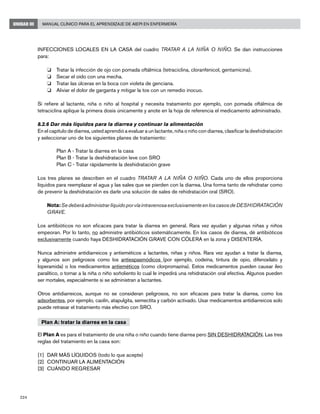 224
Manual Clínico para el Aprendizaje de AIEPI en EnfermeríaUNIDAD III
INFECCIONES LOCALES EN LA CASA del cuadro TRATAR A LA NIÑA O NIÑO. Se dan instrucciones
para:
o 	 Tratar la infección de ojo con pomada oftálmica (tetraciclina, cloranfenicol, gentamicina).
o 	 Secar el oído con una mecha.
o 	 Tratar las úlceras en la boca con violeta de genciana.
o 	 Aliviar el dolor de garganta y mitigar la tos con un remedio inocuo.
Si refiere al lactante, niña o niño al hospital y necesita tratamiento por ejemplo, con pomada oftálmica de
tetraciclina aplique la primera dosis únicamente y anote en la hoja de referencia el medicamento administrado.
8.2.6 Dar más líquidos para la diarrea y continuar la alimentación
En el capítulo de diarrea, usted aprendió a evaluar a un lactante, niña o niño con diarrea, clasificar la deshidratación
y seleccionar uno de los siguientes planes de tratamiento:
		 Plan A - Tratar la diarrea en la casa
		 Plan B - Tratar la deshidratación leve con SRO
		 Plan C - Tratar rápidamente la deshidratación grave
Los tres planes se describen en el cuadro TRATAR A LA NIÑA O NIÑO. Cada uno de ellos proporciona
líquidos para reemplazar el agua y las sales que se pierden con la diarrea. Una forma tanto de rehidratar como
de prevenir la deshidratación es darle una solución de sales de rehidratación oral (SRO).
	 Nota:SedeberáadministrarlíquidoporvíaintravenosaexclusivamenteenloscasosdeDESHIDRATACIÓN
GRAVE.
Los antibióticos no son eficaces para tratar la diarrea en general. Rara vez ayudan y algunas niñas y niños
empeoran. Por lo tanto, no administre antibióticos sistemáticamente. En los casos de diarrea, dé antibióticos
exclusivamente cuando haya DESHIDRATACIÓN GRAVE CON CÓLERA en la zona y DISENTERÍA.
Nunca administre antidiarreicos y antieméticos a lactantes, niñas y niños. Rara vez ayudan a tratar la diarrea,
y algunos son peligrosos como los antiespasmódicos (por ejemplo, codeína, tintura de opio, difenoxilato y
loperamida) o los medicamentos antieméticos (como clorpromazina). Estos medicamentos pueden causar íleo
paralítico, o tornar a la niña o niño soñoliento lo cual le impedirá una rehidratación oral efectiva. Algunos pueden
ser mortales, especialmente si se administran a lactantes.
Otros antidiarreicos, aunque no se consideran peligrosos, no son eficaces para tratar la diarrea, como los
adsorbentes, por ejemplo, caolín, atapulgita, semectita y carbón activado. Usar medicamentos antidiarreicos solo
puede retrasar el tratamiento más efectivo con SRO.
Plan A: tratar la diarrea en la casa
El Plan A es para el tratamiento de una niña o niño cuando tiene diarrea pero SIN DESHIDRATACIÓN. Las tres
reglas del tratamiento en la casa son:
[1]	 DAR MÁS LÍQUIDOS (todo lo que acepte)
[2] 	CONTINUAR LA ALIMENTACIÓN		
[3]	 CUÁNDO REGRESAR
 