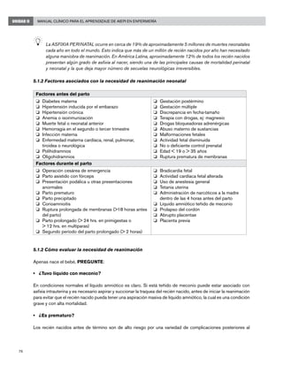 76
Manual Clínico para el Aprendizaje de AIEPI en EnfermeríaUNIDAD II
	 La ASFIXIA PERINATAL ocurre en cerca de 19% de aproximadamente 5 millones de muertes neonatales
cada año en todo el mundo. Esto indica que más de un millón de recién nacidos por año han necesitado
alguna maniobra de reanimación. En América Latina, aproximadamente 12% de todos los recién nacidos
presentan algún grado de asfixia al nacer, siendo una de las principales causas de mortalidad perinatal
y neonatal y la que deja mayor número de secuelas neurológicas irreversibles.
5.1.2 Factores asociados con la necesidad de reanimación neonatal
Factores antes del parto
o	 Diabetes materna
o	 Hipertensión inducida por el embarazo
o	 Hipertensión crónica
o	 Anemia o isoinmunización
o	 Muerte fetal o neonatal anterior
o	 Hemorragia en el segundo o tercer trimestre
o	 Infección materna
o	 Enfermedad materna cardíaca, renal, pulmonar,
tiroidea o neurológica
o	 Polihidramnios
o	 Oligohidramnios
o	 Gestación postérmino
o	 Gestación múltiple
o	 Discrepancia en fecha-tamaño
o	 Terapia con drogas, ej: magnesio
o	 Drogas bloqueadoras adrenérgicas
o	 Abuso materno de sustancias
o	 Malformaciones fetales
o	 Actividad fetal disminuida
o	 No o deficiente control prenatal
o	 Edad < 19 o > 35 años
o	 Ruptura prematura de membranas
Factores durante el parto
o	 Operación cesárea de emergencia
o	 Parto asistido con fórceps
o	 Presentación podálica u otras presentaciones
anormales
o	 Parto prematuro
o	 Parto precipitado
o	 Corioamnioitis
o	 Ruptura prolongada de membranas (>18 horas antes
del parto)
o	 Parto prolongado (> 24 hrs. en primigestas o
> 12 hrs. en multíparas)
o	 Segundo período del parto prolongado (> 2 horas)
o	 Bradicardia fetal
o	 Actividad cardíaca fetal alterada
o	 Uso de anestesia general
o	 Tetania uterina
o	 Administración de narcóticos a la madre
dentro de las 4 horas antes del parto
o	 Líquido amniótico teñido de meconio
o	 Prolapso del cordón
o	 Abrupto placentae
o	 Placenta previa
5.1.2 Cómo evaluar la necesidad de reanimación
Apenas nace el bebé, PREGUNTE:
• 	 ¿Tuvo líquido con meconio?
En condiciones normales el líquido amniótico es claro. Si está teñido de meconio puede estar asociado con
asfixia intrauterina y es necesario aspirar y succionar la traquea del recién nacido, antes de iniciar la reanimación
para evitar que el recién nacido pueda tener una aspiración masiva de líquido amniótico, la cual es una condición
grave y con alta mortalidad.
• 	 ¿Es prematuro?
Los recién nacidos antes de término son de alto riesgo por una variedad de complicaciones posteriores al
 