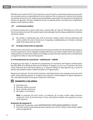 78
Manual Clínico para el Aprendizaje de AIEPI en EnfermeríaUNIDAD II
El pH del meconio está entre 5,5 y 7, por lo que tiene una acción irritante en el parénquima pulmonar, provocando
una neumonitis química y comprometiendo la función pulmonar. Pero, la obstrucción mecánica de la vía aérea
por partículas de meconio o por células escamosas epiteliales, juega el papel más importante en la fisiología del
síndrome de aspiración. Una gran cantidad de meconio es capaz de producir una obstrucción completa de la
tráquea y muerte rápida por asfixia.
F	La frecuencia cardiaca
La frecuencia cardiaca de un recién nacido sano y vigoroso debe ser mayor de 100 latidos por minuto. Una
frecuencia cardiaca menor de 100 o ausente significa que existe algún factor de riesgo y posiblemente necesitará
reanimación urgente.
	
	 No necesita un estetoscopio para medir la frecuencia cardiaca, puede contar las pulsaciones del
cordón umbilical. Al contar la frecuencia en 6 segundos y multiplicándolo por 10 tendrá un estimado
rápido de las pulsaciones por minuto.
F	El tiempo transcurrido en segundos
El tiempo transcurrido durante un procedimiento de reanimación neonatal es de vital importancia para asegurar,
no solo la supervivencia, sino la integridad neurológica del niño(a) y una vida de calidad. Cuanto más tiempo se
utilice para lograr una reanimación el deterioro neurológico es mayor. El tiempo requerido entre un procedimiento
y el siguiente no debe ser mayor de 30 segundos.
5.1.3 Procedimientos de reanimación – estabilización – (ABCD)
El diagrama de flujo (figura 1) describe los procedimientos de reanimación del Programa de Reanimación
Neonatal (PRN) de la Academia Americana de Pediatría. El diagrama se inicia con el nacimiento del recién
nacido. Cada paso de la reanimación aparece en un segmento. Debajo de cada segmento hay un punto de
decisión para ayudarle a evaluar si deberá proceder con el siguiente paso.
Segmento de evaluación. Al momento del nacimiento, usted debe hacerse cinco preguntas acerca del recién
nacido. Estas preguntas aparecen en el segmento de evaluación inicial del diagrama. Si alguna respuesta es
“No”, usted debe proceder con los pasos iniciales de la reanimación.
A SEGMENTO A (VÍA AÉREA)
o	 Suministrar calor
o	 Posicionar, limpiar la vía aérea
o	 Secar, estimular, reposicionar
o	 Dar oxígeno, si es necesario
	 Nota: La evaluación del recién nacido y la realización de los pasos iniciales, deben efectuarse
rápidamente. Como la línea del tiempo lo indica, usted deberá completar estos segmentos en cerca
de 30 segundos.
Evaluación del segmento A.
o	 Después de 30 segundos, evaluar RESPIRACIONES, FRECUENCIA CARDÍACA Y COLOR
o	 Si el recién nacido no está respirando (está en apnea), tiene una FC < 100 lpm o está cianótico, deberá
avanzar al segmento B.
 