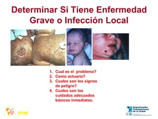 Determinar Si Tiene Enfermedad
Grave o Infección Local
1. Cual es el problema?
2. Como actuaría?
3. Cuales son los signos
de peligro?
4. Cuales son los
cuidados adecuados
básicos inmediatos.
 