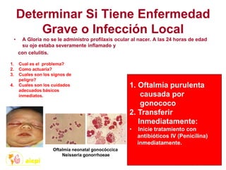 Determinar Si Tiene Enfermedad
Grave o Infección Local
• A Gloria no se le administro profilaxis ocular al nacer. A las 24 horas de edad
su ojo estaba severamente inflamado y
con celulitis.
1. Cual es el problema?
2. Como actuaría?
3. Cuales son los signos de
peligro?
4. Cuales son los cuidados
adecuados básicos
inmediatos.
1. Oftalmía purulenta
causada por
gonococo
2. Transferir
Inmediatamente:
• Inicie tratamiento con
antibióticos IV (Penicilina)
inmediatamente.
Oftalmia neonatal gonocóccica
Neisseria gonorrhoeae
 