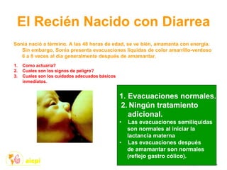 El Recién Nacido con Diarrea
Sonia nació a término. A las 48 horas de edad, se ve bién, amamanta con energía.
Sin embargo, Sonia presenta evacuaciones líquidas de color amarrillo-verdoso
6 a 8 veces al día generalmente después de amamantar.
1. Como actuaría?
2. Cuales son los signos de peligro?
3. Cuales son los cuidados adecuados básicos
inmediatos.
1. Evacuaciones normales.
2. Ningún tratamiento
adicional.
• Las evacuaciones semilíquidas
son normales al iniciar la
lactancia materna
• Las evacuaciones después
de amamantar son normales
(reflejo gastro cólico).
 