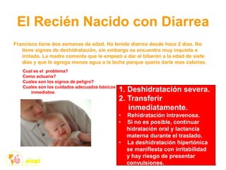 El Recién Nacido con Diarrea
Francisco tiene dos semanas de edad. Ha tenido diarrea desde hace 2 días. No
tiene signos de deshidratación, sin embargo se encuentra muy inquieto e
irritado. La madre comenta que le empezó a dar el biberón a la edad de siete
días y que le agrego menos agua a la leche porque quería darle mas calorías.
Cual es el problema?
Como actuaría?
Cuales son los signos de peligro?
Cuales son los cuidados adecuados básicos
inmediatos. 1. Deshidratación severa.
2. Transferir
inmediatamente.
• Rehidratación intravenosa.
• Si no es posible, continuar
hidratación oral y lactancia
materna durante el traslado.
• La deshidratación hipertónica
se manifiesta con irritabilidad
y hay riesgo de presentar
convulsiones.
 