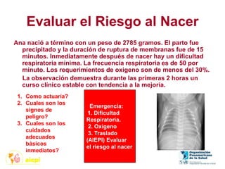 Evaluar el Riesgo al Nacer
Ana nació a término con un peso de 2785 gramos. El parto fue
precipitado y la duración de ruptura de membranas fue de 15
minutos. Inmediatamente después de nacer hay un dificultad
respiratoria mínima. La frecuencia respiratoria es de 50 por
minuto. Los requerimientos de oxigeno son de menos del 30%.
La observación demuestra durante las primeras 2 horas un
curso clínico estable con tendencia a la mejoría.
1. Como actuaría?
2. Cuales son los
signos de
peligro?
3. Cuales son los
cuidados
adecuados
básicos
inmediatos?
Emergencia:
1. Dificultad
Respiratoria.
2. Oxigeno
3. Traslado
(AIEPI) Evaluar
el riesgo al nacer
 