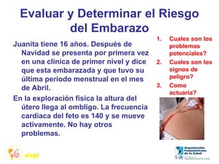Evaluar y Determinar el Riesgo
del Embarazo
Juanita tiene 16 años. Después de
Navidad se presenta por primera vez
en una clínica de primer nivel y dice
que esta embarazada y que tuvo su
última periodo menstrual en el mes
de Abril.
En la exploración física la altura del
útero llega al ombligo. La frecuencia
cardiaca del feto es 140 y se mueve
activamente. No hay otros
problemas.
1. Cuales son los
problemas
potenciales?
2. Cuales son los
signos de
peligro?
3. Como
actuaría?
 