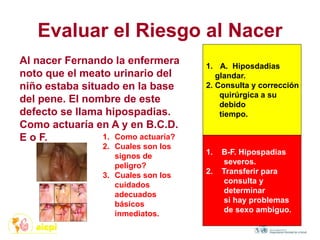 Evaluar el Riesgo al Nacer
1. Como actuaría?
2. Cuales son los
signos de
peligro?
3. Cuales son los
cuidados
adecuados
básicos
inmediatos.
Al nacer Fernando la enfermera
noto que el meato urinario del
niño estaba situado en la base
del pene. El nombre de este
defecto se llama hipospadias.
Como actuaría en A y en B.C.D.
E o F.
1. A. Hiposdadias
glandar.
2. Consulta y corrección
quirúrgica a su
debido
tiempo.
1. B-F. Hipospadias
severos.
2. Transferir para
consulta y
determinar
si hay problemas
de sexo ambiguo.
 
