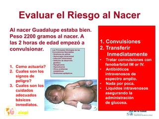Evaluar el Riesgo al Nacer
1. Como actuaría?
2. Cuales son los
signos de
peligro?
3. Cuales son los
cuidados
adecuados
básicos
inmediatos.
Las Principales Etiologías de las
Convulsiones Neonatales
• Síndrome de asfixia
• Hemorragia intracraneal
• Infección intracraneal
• Defectos de desarrollo
genético
• Hipoglicemis
• Hipocalcemia
• Otros problemas
metabólicos
• Síndromes epilépticos
Al nacer Guadalupe estaba bien.
Peso 2200 gramos al nacer. A
las 2 horas de edad empezó a
convulsionar.
1. Convulsiones
2. Transferir
Inmediatamente
• Tratar convulsiones con
fenobarbital IM or IV.
• Antibióticos
intravenosos de
espectro amplio.
• Nada por poca.
• Líquidos intravenosos
asegurando la
administración
de glucosa.
 