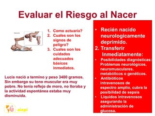 Evaluar el Riesgo al Nacer
1. Como actuaría?
2. Cuales son los
signos de
peligro?
3. Cuales son los
cuidados
adecuados
básicos
inmediatos.
Lucía nació a termino y peso 3400 gramos.
Sin embargo su tono muscular era muy
pobre. No tenía reflejo de moro, no lloraba y
la actividad espontánea estaba muy
disminuida.
• Recién nacido
neurologicamente
deprimido.
2. Transferir
Inmediatamente:
• Posibilidades diagnósticas:
Problemas neurológicos,
neuromusculares.
metabólicos o genéticos.
• Antibióticos
intravenosos de
espectro amplio, cubra la
posibilidad de sepsis
• Líquidos intravenosos
asegurando la
administración de
glucosa.
 