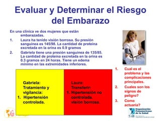 Evaluar y Determinar el Riesgo
del Embarazo
En una clínica ve dos mujeres que están
embarazadas.
1. Laura ha tenido visión borrosa. Su presión
sanguínea es 145/98. La cantidad de proteína
excretada en la orina es 0.9 gramos
2. Gabriela tiene una presión sanguínea de 135/85.
La cantidad de proteína excretada en la orina es
0.3 gramos en 24 horas. Tiene un edema
mínimo en las extremidades inferiores.
1. Cual es el
problema y las
complicaciones
principales.
2. Cuales son los
signos de
peligro?
3. Como
actuaría?
Gabriela:
• Hipertensión
controlada.
Laura:
1. Hipertensión,
visión borrosa.
Gabriela:
Tratamiento y
vigilancia:
1. Hipertensión
controlada.
Laura:
Transferir:
1. Hipertensión no
controlada.
visión borrosa.
 