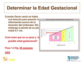 Determinar la Edad Gestacional
Cuando Oscar nació no había
una bascula para pesarlo ni
información acerca de la
duración del embarazo. Sin
embargo la planta de su pie
midió 5.7 cm.
Cual crees que es su peso y la
posible edad gestacional?
Peso 1.2 Kg. 29 semanas
AEG
Anexo III
CÁLCULO DEL PESO AL N ACER UTILIZAN DO LA M EDIDA DEL PIÉ
4 5 6 7 8 9
M edida del pié (cms)
Pesoalnacer(kg)
CON DICIÓN
GRAVE
TRASLADO
URGEN TE
ALTORIESGOALNACER
BAJORIESGOALNACER
3.0
2.5
2.0
1.5
1.0
0.5
0
 