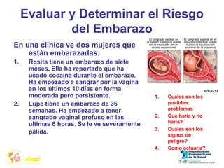 Evaluar y Determinar el Riesgo
del Embarazo
En una clínica ve dos mujeres que
están embarazadas.
1. Rosita tiene un embarazo de siete
meses. Ella ha reportado que ha
usado cocaína durante el embarazo.
Ha empezado a sangrar por la vagina
en los últimos 10 días en forma
moderada pero persistente.
2. Lupe tiene un embarazo de 36
semanas. Ha empezado a tener
sangrado vaginal profuso en las
ultimas 6 horas. Se le ve severamente
pálida.
1. Cuales son los
posibles
problemas
2. Que haría y no
haría?
3. Cuales son los
signos de
peligro?
4. Como actuaría?
 