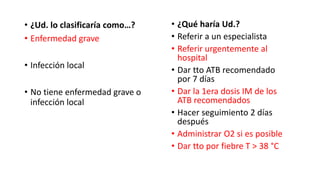 • ¿Ud. lo clasificaría como…?
• Enfermedad grave
• Infección local
• No tiene enfermedad grave o
infección local
• ¿Qué haría Ud.?
• Referir a un especialista
• Referir urgentemente al
hospital
• Dar tto ATB recomendado
por 7 días
• Dar la 1era dosis IM de los
ATB recomendados
• Hacer seguimiento 2 días
después
• Administrar O2 si es posible
• Dar tto por fiebre T > 38 °C
 