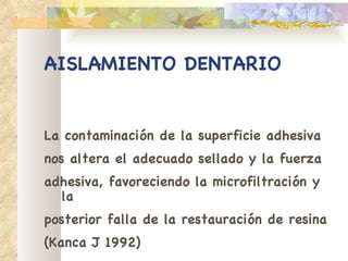 AISLAMIENTO DENTARIO La contaminación de la superficie adhesiva nos altera el adecuado sellado y la fuerza adhesiva, favoreciendo la microfiltración y la posterior falla de la restauración de resina (Kanca J 1992) 
