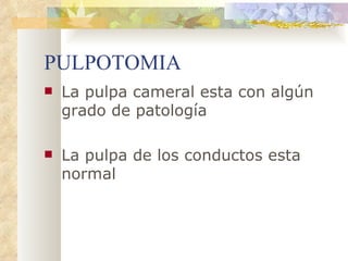 PULPOTOMIA La pulpa cameral esta con algún grado de patología La pulpa de los conductos esta normal 