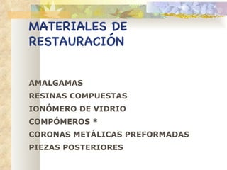 MATERIALES DE RESTAURACIÓN AMALGAMAS RESINAS COMPUESTAS IONÓMERO DE VIDRIO COMPÓMEROS * CORONAS METÁLICAS PREFORMADAS PIEZAS POSTERIORES 