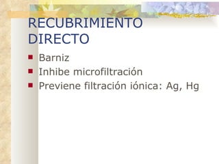 RECUBRIMIENTO DIRECTO Barniz Inhibe microfiltración Previene filtración iónica: Ag, Hg 