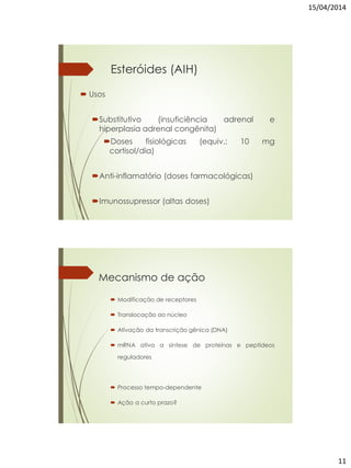 15/04/2014
11
Esteróides (AIH)
 Usos
Substitutivo (insuficiência adrenal e
hiperplasia adrenal congênita)
Doses fisiológicas (equiv.: 10 mg
cortisol/dia)
Anti-inflamatório (doses farmacológicas)
Imunossupressor (altas doses)
Mecanismo de ação
 Modificação de receptores
 Translocação ao núcleo
 Ativação da transcrição gênica (DNA)
 mRNA ativa a síntese de proteínas e peptídeos
reguladores
 Processo tempo-dependente
 Ação a curto prazo?
 