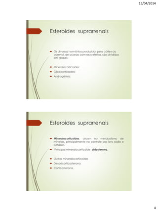 15/04/2014
4
Esteroides suprarrenais
 Os diversos hormônios produzidos pela córtex da
adrenal, de acordo com seus efeitos, são divididos
em grupos:
 Mineralocorticoides:
 Glicocorticoides:
 Androgênios:
Esteroides suprarrenais
 Mineralocorticoides: atuam no metabolismo de
minerais, principalmente no controle dos íons sódio e
potássio.
 Principal mineralocorticoide aldosterona.
 Outros mineralocorticoides
 Desoxicorticosterona
 Corticosterona.
 