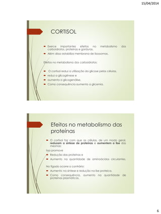 15/04/2014
6
CORTISOL
 Exerce importantes efeitos no metabolismo dos
carboidratos, proteínas e gorduras.
 Além disso estabiliza membrana de lisossomas.
Efeitos no metabolismo dos carboidratos:
 O cortisol reduz a utilização da glicose pelas células,
 reduz a glicogênese e
 aumenta a glicogenólise.
 Como consequência aumenta a glicemia.
Efeitos no metabolismo das
proteínas
 O cortisol faz com que as células, de um modo geral,
reduzam a síntese de proteínas e aumentem a lise das
mesmas:
Isso promove
 Redução das proteínas e
 Aumento na quantidade de aminoácidos circulantes.
No fígado ocorre o contrário:
 Aumento na síntese e redução na lise proteica.
 Como consequência, aumento na quantidade de
proteínas plasmáticas.
 