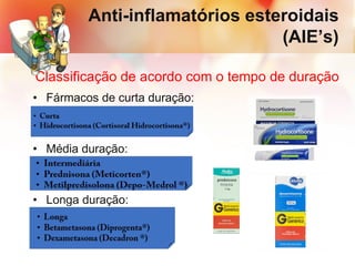 • Fármacos de curta duração:
• Média duração:
• Longa duração:
Anti-inflamatórios esteroidais
(AIE’s)
Classificação de acordo com o tempo de duração
 