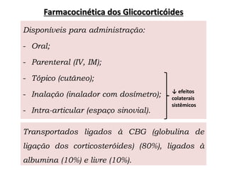Transportados ligados à CBG (globulina de
ligação dos corticosteróides) (80%), ligados à
albumina (10%) e livre (10%).
Farmacocinética dos Glicocorticóides
Disponíveis para administração:
- Oral;
- Parenteral (IV, IM);
- Tópico (cutâneo);
- Inalação (inalador com dosímetro);
- Intra-articular (espaço sinovial).
↓ efeitos
colaterais
sistêmicos
 