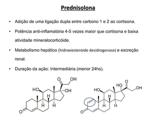 Prednisolona
• Adição de uma ligação dupla entre carbono 1 e 2 ao cortisona.
• Potência anti-inflamatória 4-5 vezes maior que cortisona e baixa
atividade mineralocorticóide.
• Metabolismo hepático (hidroxiesteroide desidrogenase) e excreção
renal.
• Duração da ação: Intermediária (menor 24hs).
 