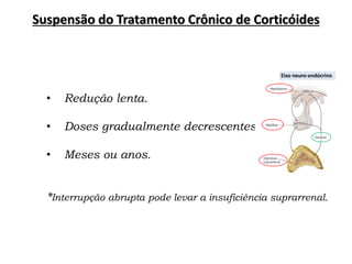 Suspensão do Tratamento Crônico de Corticóides
• Redução lenta.
• Doses gradualmente decrescentes.
• Meses ou anos.
*Interrupção abrupta pode levar a insuficiência suprarrenal.
Eixo neuro-endócrino
 